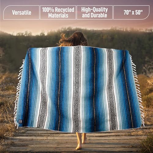 Hydration Nation Authentic Extra Large Mexican Blanket (70"x50") - Handwoven Yoga, Serape- Artisanal Falsa, Beach, Camping, Picnic, Outdoor - Sky Blue - color: Sky Blue