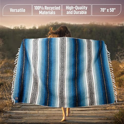 Hydration Nation Authentic Extra Large Mexican Blanket (70"x50") - Handwoven Yoga, Serape- Artisanal Falsa, Beach, Camping, Picnic, Outdoor - Sky Blue - color: Sky Blue