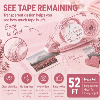 MARCADORUS Double Sided Tape Roller, Scrapbook Glue Tape 6 Pack, Extra-Long | 52 Ft x 0.31 In Each, 312 Ft Total; Permanent, Acid-Free, Photo-Safe Tape for Scrapbooks, Journals, Cards & Crafts - size: 52.5 Ft x 0.31 In : 6 Pack