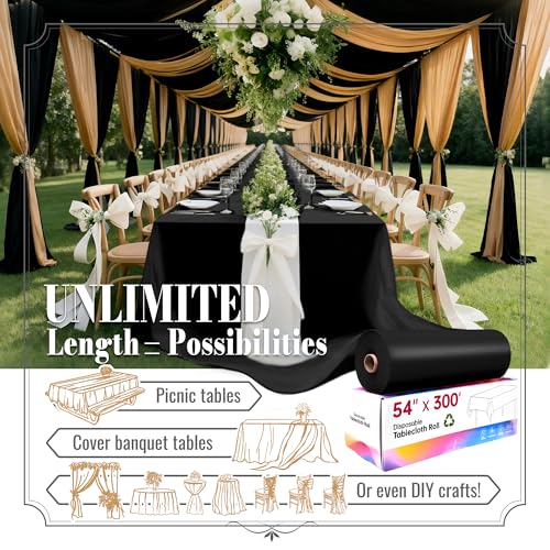 Disposable Table Cloth Plastic, 54In x 300Ft Black Plastic Tablecloth Roll | Black Tablecloth Roll PEVA, Waterproof Premium Table Cover Roll with Slide Cutter for Banquet, Party, Birthday, Festival - color: Black, size: 54" x 3600" (Rectangular)