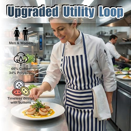TOSHEX Kitchen Apron Cotton Waterdrop Resistant Adjustable Button Women Men | Premium Cotton Cooking Apron with Pocket. Striped, Gift, Navy Blue - color: Navy Blue