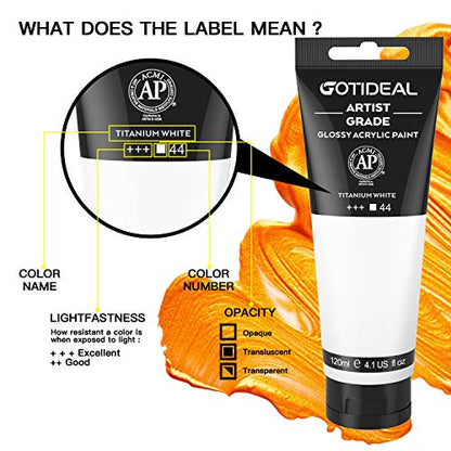 GOTIDEAL Acrylic Paint Titanium White Tubes 120ml (4.1 oz) | Non Toxic, Non Fading, Rich Pigments,for Painters, Adults & Kids,Ideal for Canvas Wood Clay Fabric Ceramic Craft Supplies - color: Titanium White, style: Regular