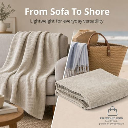 Pure 100% Linen Throw Blanket 50x60-inch Waffle Weave Linen Beach Blanket - color: Natural Linen, size: Throw Blanket