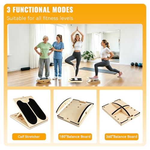 3-in-1 Slant Board for Calf-Stretching, 360° Balance Board - Wooden Incline Wedge Stretcher for Squats, Foot & Ankle Mobility, Portable Fitness Equipment, Balance Block for Heel Stretch