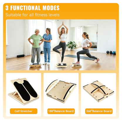 3-in-1 Slant Board for Calf-Stretching, 360° Balance Board - Wooden Incline Wedge Stretcher for Squats, Foot & Ankle Mobility, Portable Fitness Equipment, Balance Block for Heel Stretch