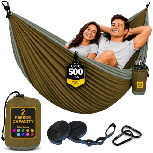Durable Hammock 500 lb Capacity, Nylon Camping Hammock Chair - Double or Single Sizes w/Tree Straps and Attached Carry Bag - Portable for Travel/Backpacking/Beach/Backyard (Large, Khaki & Dark Green) - color: Khaki & Dark Green, size: Large
