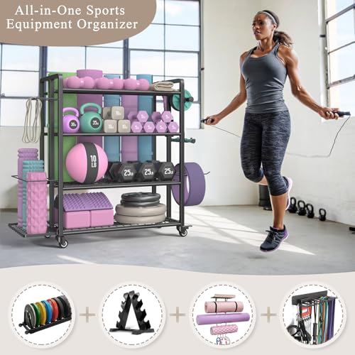 4-Tier Weight Rack for Home Gym with Wheels and Hooks | Adjustable Gym Storage Rack for Dumbbells Kettlebells Yoga Mat, All-in-One, Space Saving, Heavy Duty Steel, Easy to Assemble - size: Large Black