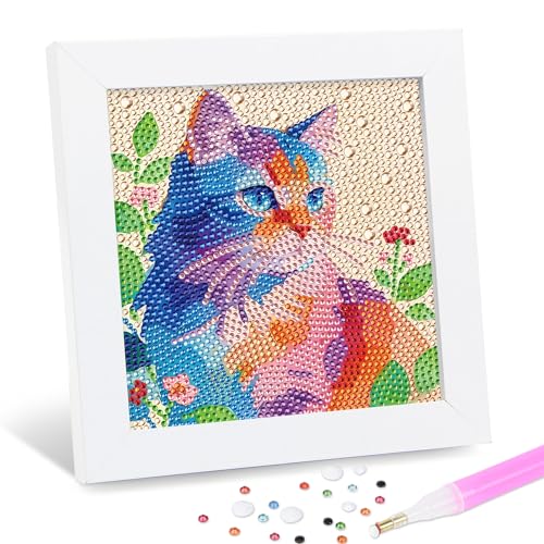 Leixonl Diamond Art Kits for Kids with Framed (7 in) Cartoon Animals DIY Gem Art Painting - Arts & Crafts Gifts for Beginners & Teens (1p-6 in-Colorful cat) - color: 1p-6 in-colorful cat