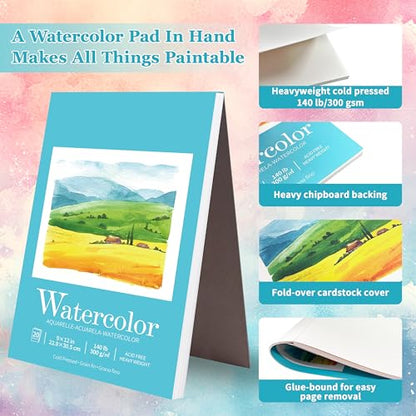Sadoup Watercolor Paper Pad, 9x12 Inch, 140lb/300gsm Cold Press, 20 Sheets | Premium textured surface, acid free & PH neutral, easy sheet removal, ideal for painting, sketching and mixed media creations - size: 9*12inch