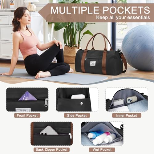 Gym Bag for Women Men with Shoes Compartment,Sports Duffle Bag Personal item travel Duffel Bags Tote Bag Small Carry on Weekender Overnight Bags Workout Dance Bag Hospital Holdalls Black Brown - color: A9-Black Brown