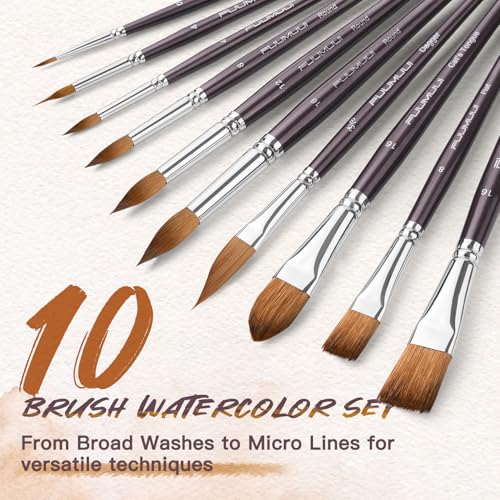 Fuumuui Sable Watercolor Brushes, Professional 10Pcs Sable Paint Brush Set Variety Shapes with Flats, Extended Needle Point, Dagger, Cat's Tongue, Rounds Perfect for Watercolor Acrylic Gouache Inks - color: Brown