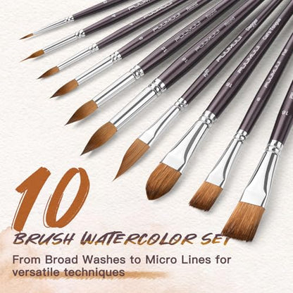 Fuumuui Sable Watercolor Brushes, Professional 10Pcs Sable Paint Brush Set Variety Shapes with Flats, Extended Needle Point, Dagger, Cat's Tongue, Rounds Perfect for Watercolor Acrylic Gouache Inks - color: Brown