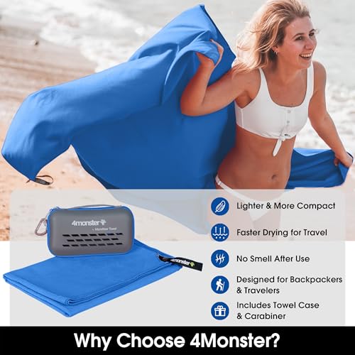 4Monster Quick Dry Travel Towel with Case & Carabiner – Super Absorbent Microfiber Gym & Camping Towel. Compact, Lightweight, Fast Drying for Beach, Swimming, Hiking, Backpacking - color: Blue, size: 20.00" x 12.00"