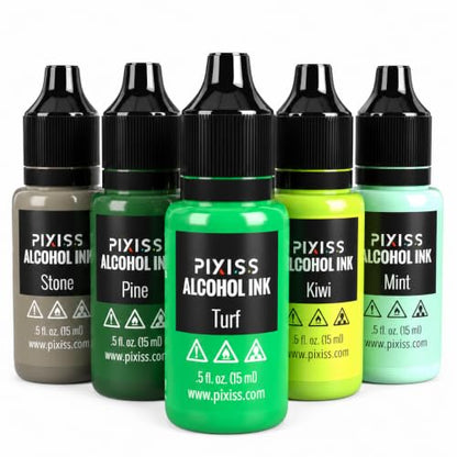 Pixiss Green Alcohol Ink Set - 5 Shades of Highly Saturated Alcohol Ink for Epoxy Resin Supplies, Yupo Paper, Tumblers, Coasters - Resin Colorant for Epoxy Resin and Resin Art Supplies - color: Greens