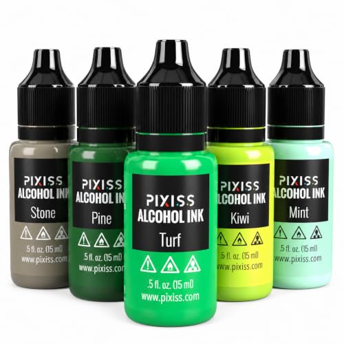 Pixiss Green Alcohol Ink Set - 5 Shades of Highly Saturated Alcohol Ink for Epoxy Resin Supplies, Yupo Paper, Tumblers, Coasters - Resin Colorant for Epoxy Resin and Resin Art Supplies - color: Greens