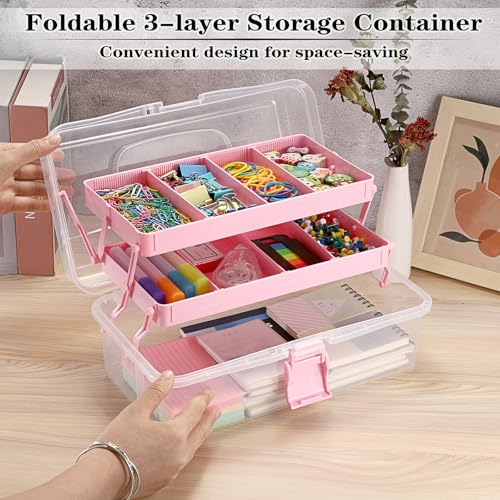 BTSKY 3-Layer Clear Plastic Dividing Storage Box Craft Organizer and Storage with Adjustable Spacers Portable Handled Art Supply Organizer Multipurpose Home Utility Box Sewing Organizers (Pink) - color: Clea+Pink