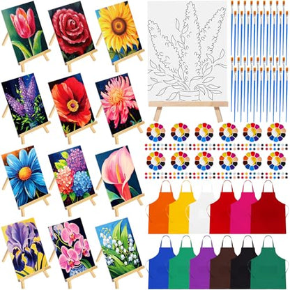 Motipuns 72 Pcs Paint and Sip Kit for Adults 12 Set 8''x10'' Pre Drawn Canvas for Painting with Easels Apron Brushes Palette Printed Canvas Bulk for DIY Birthday Gifts Date Night Party(Flower) - style: Flower