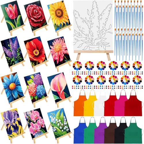 Motipuns 72 Pcs Paint and Sip Kit for Adults 12 Set 8''x10'' Pre Drawn Canvas for Painting with Easels Apron Brushes Palette Printed Canvas Bulk for DIY Birthday Gifts Date Night Party(Flower) - style: Flower