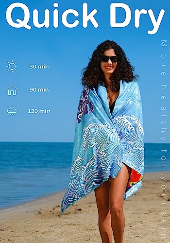 Widdonen Microfiber Beach Towel,Compact 2 Pack-71x32 Inch with Bag Travel - color: 2 Pack Turtle Blue Leaves Mo