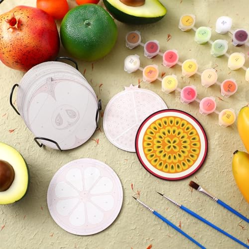 Reallnaive 8 Pcs Fruit Paint by Numbers Kit for Adults Wooden Coasters | Mini Paint by Numbers, Tiny Round Oil Painting Drink Coaster with Holder, for Small DIY Craft Birthday Gift - style: Fruit