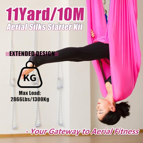 Aerial Silks Kit & Aerial Yoga Hammock - 11Yd Premium Fabric with Hardware | Easy Setup for Flying Yoga, Aerial Swing & Fitness - Supports Up to 14ft Rigging(Navy) - color: Hot Pink
