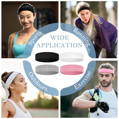 4 Pack Cotton Terry Sweat Headbands for Men Women Running Gym - color: Black/Gray/Pink/White