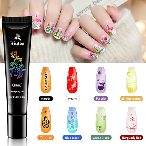 Biutee 15Pcs Nail Stamping Kit Nail Stamp Plate 8 Nail Stamping Gel Polish | 1 Nail Stamper and Scraper with Storage Bag, Nail Stamper Kit Flower Leaves Star Template Design - color: 27 Piece Set
