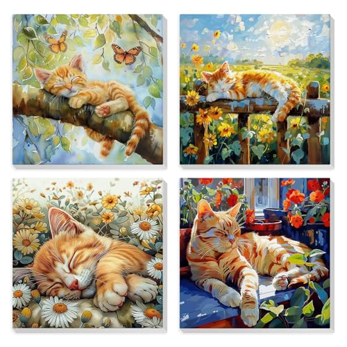 HEIBAGO 4 Pack Framed Paint by Numbers Kit for Adults Beginner, Adult Paint by Number Kits Cute Orange Cat, DIY Paint by Numbers for Adults,Small Easy Acrylic Oil Painting for Wall Decor 8 x 8 Inch - color: Orange Cat