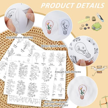 Water Soluble Stabilizer Embroidery Pattern - Birthday Flower Stick & Stitch Embroidery Paper Wash Away, Wildflower Hand Sewing Patterns for Jean Bag T-Shirt (4 Sheets) - style: Flower984