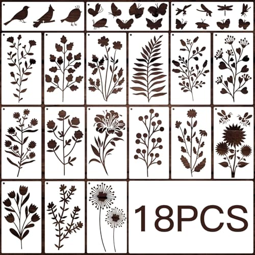 18Pcs Flower Stencils for Painting - Reusable Wildflower Stencils with Birds, Butterflies & Wildflowers - DIY Craft Templates for Walls, Wood, Canvas - style: Flowers