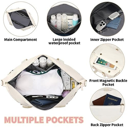 Travel Bag for Women, Sports Gym Duffel Bag, Weekender Overnight Bag with Wet Pocket and Shoes Compartment, Carry On Tote Bag Gym Yoga Duffel Bag for Men - color: Beige