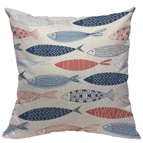 TKS MITLAN Fish Decorative Pillow Covers Red Blue Striped Swimming Wildlife Marine Sea Nautical Underwater Nautical Rustic Linen Throw Pillow Covers 18x18 Inch for Sofa Couch Decoration - color: Fish, size: 18" x 18" (Pack of 1)