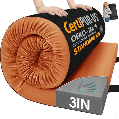 CYMULA Memory Foam Camping Mattress Pad,Sleeping Pad for Camping,Non-Slip Bottom Floor Cot Car Mattress Bed with Retaining Portable Roll up Mattress Pad Mat for Travel Truck Guest Bed Tent - color: BROWN, size: Twin:75*38*3