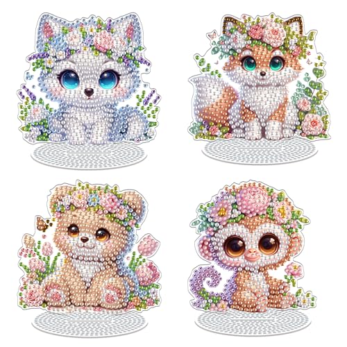Eiflow 4PCS Diamond Art Tabletop Kit for Adults, DIY Desktop Diamond Art Painting with Stand, Acrylic Stand Up Gem Painting Board Kit (Animals) - color: Animals