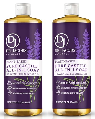 Dr. Jacobs Naturals Lavender Castile All-in-One Cleaner and Soap - Plant-Based Formula for House Cleaning Floors and Appliances - Gentle on Skin and the Planet - 32 oz, 2 Pack - size: 32 Fl Oz (Pack of 2), style: Lavender