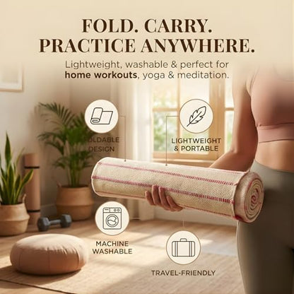 Indian Handmade100 % Organic Anti Skid Multi Colour Cotton Yoga Mat - Eco-Friendly Hand-Woven Rug - Non-Slip & Thick (24”x72”x5mm) for Hot yoga & Everyday Fitness at Home - Comfortable & Foldable Extra-Long Mat - color: Multi 14