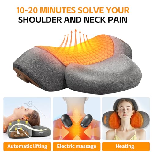 3-in-1 Neck Massager Pillow, Neck Massager for Pain Relief Deep Tissue, Massage Pillow with Heat, Vibration & Airbag Traction, 3D Ergonomic Cervical Hump Corrector Massage for Home Office