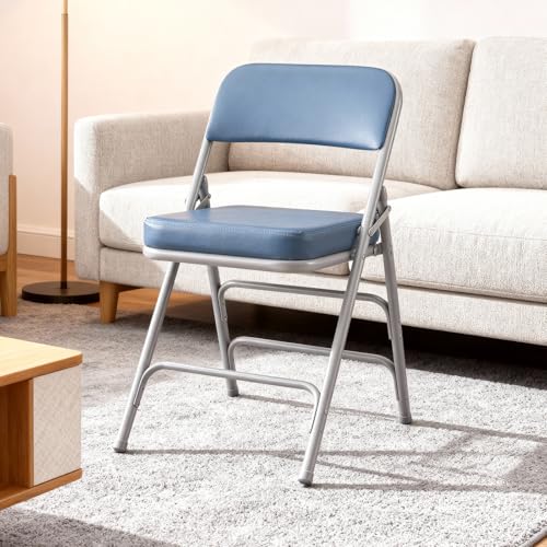 Padded Folding Chair Indoor Metal Frame Foldable Chair Blue | Comfortable Thick Vinyl Cushion Seat Durable Elegant Upholstered Single Chair for Small Space Home, Office and Events - color: Blue