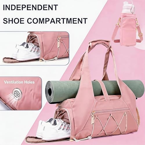 Gym Bag for Women, Yoga Mat Bag with Shoe Compartment and Wet Pocket, Sport Yoga Gym Bag with Yoga Strap, Carryall Yoga Tote Bag - color: Pink