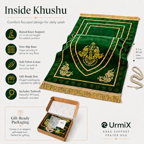 UrmiX Memory Foam Prayer Mat, Knee Support & Quran Reading Rest (Green) - color: Emerald Green