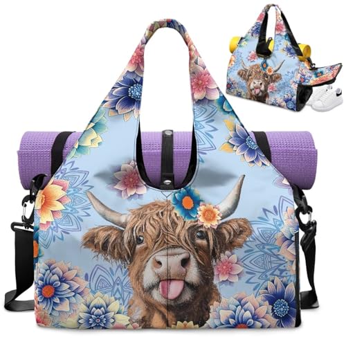Yoga Mat Bag for Men Women Canvas Yoga Mat Carrier Take In Out Mat Easily for Beach Swim Bags Pool Sports Gym - color: Highland Cattle