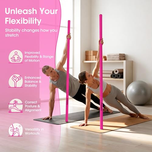 Yoga Stick, Upgraded 5ft Sturdy Steel Mobility Stick, Adjustable Exercise Equipment for Stretching, Flexibility & Balance, Physical Therapy & Posture Correction, Shoulder & Back Relaxation - color: 3-Pink