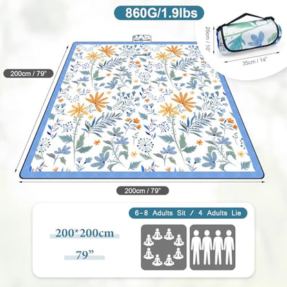 DEWUR Picnic Blankets 79"x79" Extra Large Outdoor Blanket Beach Blanket Waterproof SandProof Picnic Mat Washable Foldable Portable for Grass Lawn Beach Camping (White with Flowers) - color: White With Flowers
