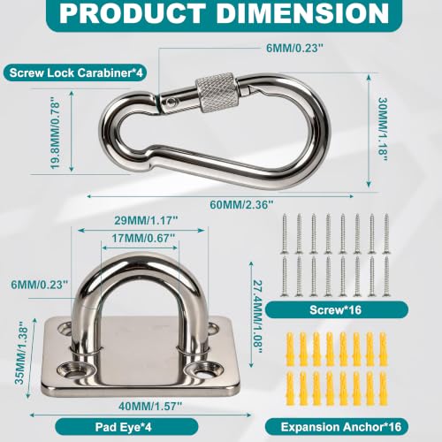 304 Stainless Steel Pad Eye Snap Hooks, 800LBS Heavy Duty Ceiling Hook, M6 | Hanging Kit with Locking Carabiner, Pad Plate Hooks for Hammock, Chair Swing, Plant,Sun Shade Sail, Marine Boat, Yoga, RXT - color: Silver Square, size: M6
