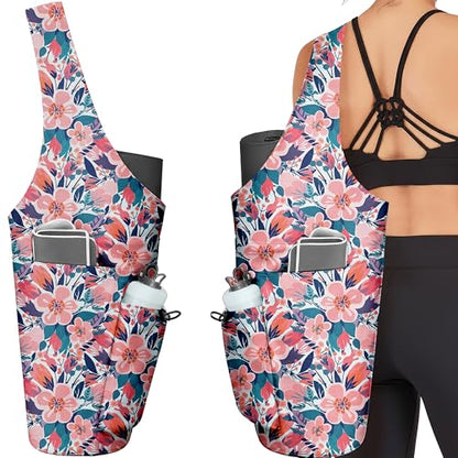 Yoga Bag for Women, Large Yoga Mat Bag Tote Carrier with Wet Dry Pocket | Water Bottle Holder & Adjustable Strap, Fits 1/2" Thick Yoga Mat for Gym, Pilates, Travel, Work - color: Pink Flower