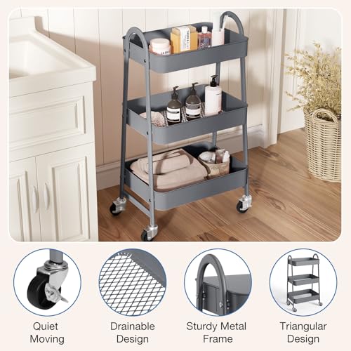 OLIXIS Metal Rolling Storage Utility Cart with Lockable Wheels 3 Tiers | Mobile Organizer Shelf, Space-Saving, Freestanding, Bathroom, Living Room, Slim, Narrow Corner Spaces, Gray - color: 3-tiered Light Gray, size: 3-Tiered 17 inches