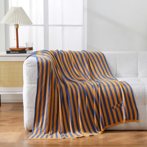 BOV Cooling Knit Throw Blanket 50x60, 100% Viscose, Blue Yellow Stripe - color: Mustard & Navy