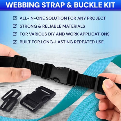 TECEUM 1" Nylon Strap Kit with Buckles, Black 6 yards Repair Set | Heavy duty hardware kit: 6yd webbing, 6 quick release buckles, 12 tri-glide slide clips, 6 metal D-rings for crafting. - color: Black, size: 1" - 6 yards, style: 6 Buckle - 12 Slides - 6 D