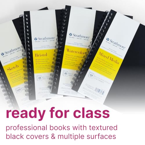 Strathmore 300 Series Mixed Media Paper Art Book, Black Hardcover & Side Wire Binding, 32 Sheets, White, 8.5x11 inch, 1 Count