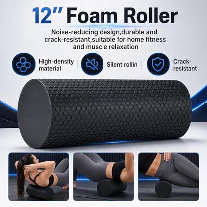 8 in 1 Foam Roller Set for Deep Tissue Muscle Massager, High-Density, Half Round Back Roller Foam, Resistance Bands Foot Massage Ball Stretching Strap for Exercise Physical Therapy